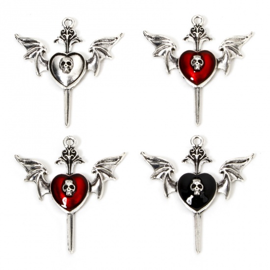 Picture of Zinc Based Alloy Halloween Pendants Antique Silver Color Skeleton Skull Wing Enamel 3.9cm x 3.7cm