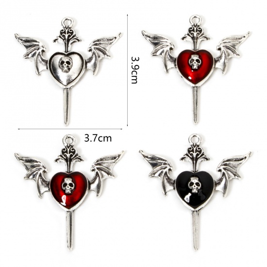 Picture of Zinc Based Alloy Halloween Pendants Antique Silver Color Skeleton Skull Wing Enamel 3.9cm x 3.7cm