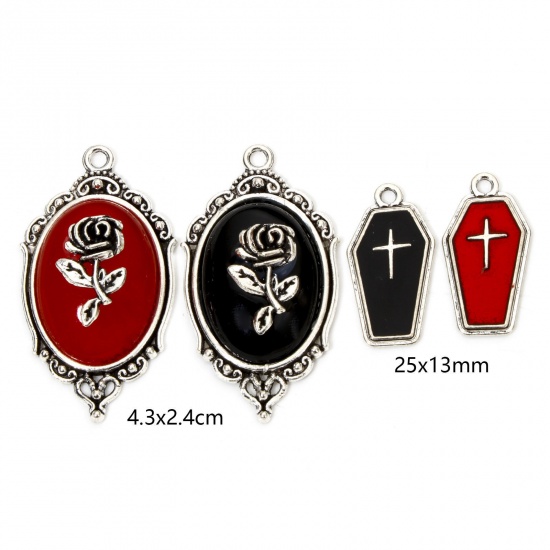 Picture of Zinc Based Alloy Halloween Charms Antique Silver Color Coffin Rose Flower Enamel