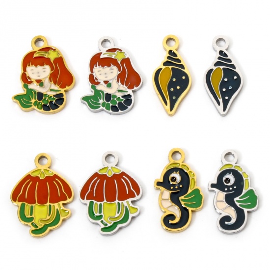 Picture of Vacuum Plating 304 Stainless Steel Charms Jellyfish Mermaid Enamel