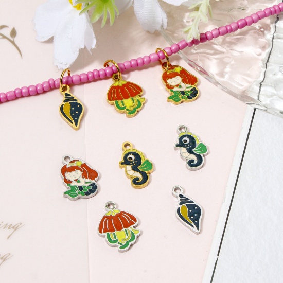 Picture of Vacuum Plating 304 Stainless Steel Charms Jellyfish Mermaid Enamel