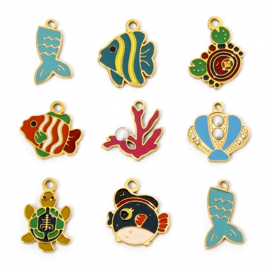 Picture of Vacuum Plating 304 Stainless Steel Ocean Jewelry Charms Gold Plated Enamel