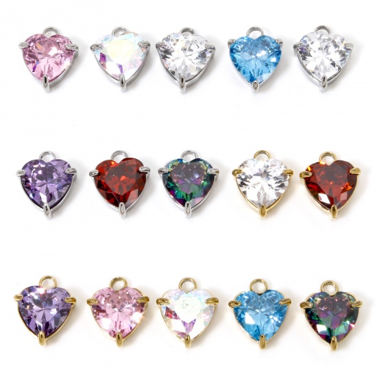 Immagine di 1 Piece 304 Stainless Steel Charms Heart Cubic Zirconia 11.5mm x 9.5mm