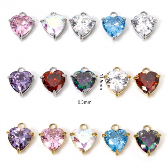 Immagine di 1 Piece 304 Stainless Steel Charms Heart Cubic Zirconia 11.5mm x 9.5mm