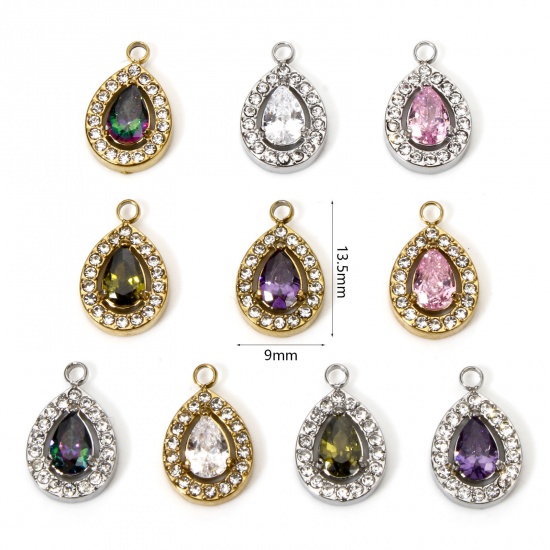 Immagine di 1 Pz 304 Acciaio Inossidabile Ciondoli Goccia Micro Spianare Multicolore Cubic Zirconiae 13.5mm x 9mm