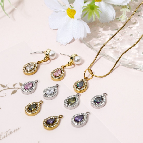 Immagine di 1 Pz 304 Acciaio Inossidabile Ciondoli Goccia Micro Spianare Multicolore Cubic Zirconiae 13.5mm x 9mm