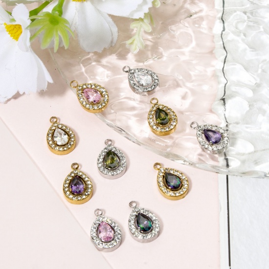 Immagine di 1 Pz 304 Acciaio Inossidabile Ciondoli Goccia Micro Spianare Multicolore Cubic Zirconiae 13.5mm x 9mm