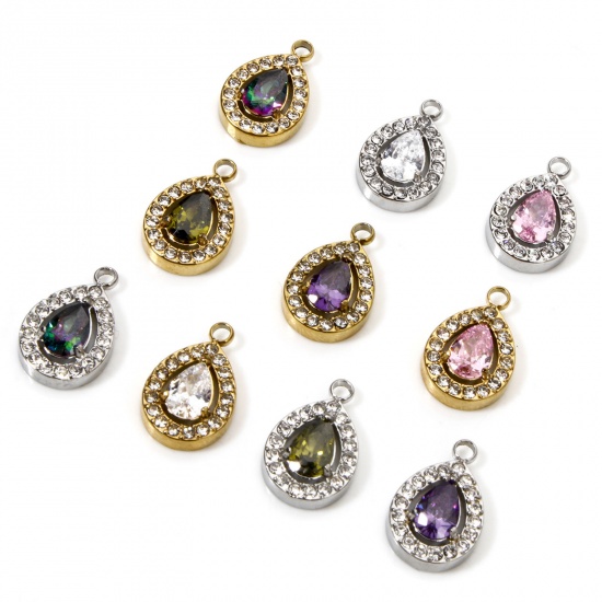Immagine di 1 Pz 304 Acciaio Inossidabile Ciondoli Goccia Micro Spianare Multicolore Cubic Zirconiae 13.5mm x 9mm