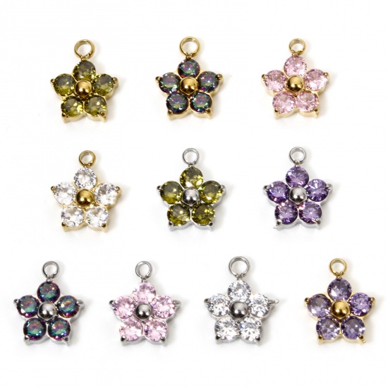 Picture of 304 Stainless Steel Charms Plum Blossom Multicolour Cubic Zirconia 11mm x 9mm