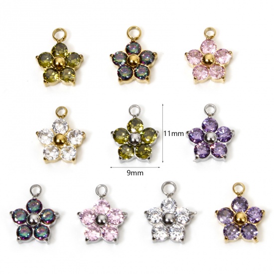 Picture of 304 Stainless Steel Charms Plum Blossom Multicolour Cubic Zirconia 11mm x 9mm