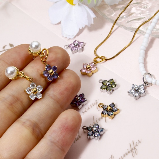 Picture of 304 Stainless Steel Charms Plum Blossom Multicolour Cubic Zirconia 11mm x 9mm