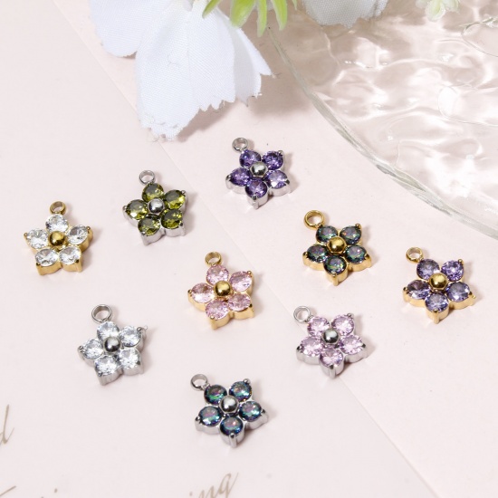 Picture of 304 Stainless Steel Charms Plum Blossom Multicolour Cubic Zirconia 11mm x 9mm