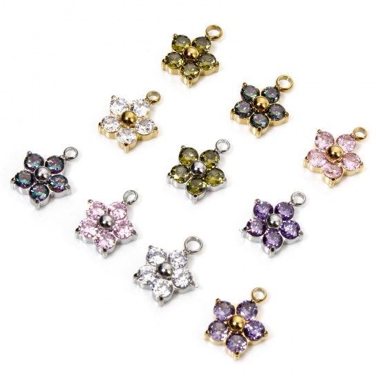 Picture of 304 Stainless Steel Charms Plum Blossom Multicolour Cubic Zirconia 11mm x 9mm