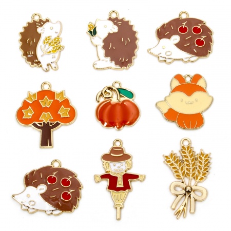 Zinc Based Alloy Charms Gold Plated Autumn Fall Style Hedgehog Halloween Pumpkin Enamel