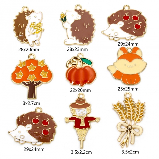 Picture of Zinc Based Alloy Charms Gold Plated Autumn Fall Style Hedgehog Halloween Pumpkin Enamel