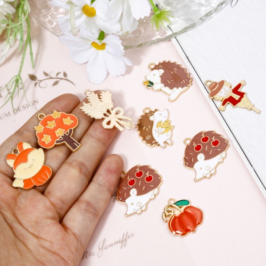 Picture of Zinc Based Alloy Charms Gold Plated Autumn Fall Style Hedgehog Halloween Pumpkin Enamel