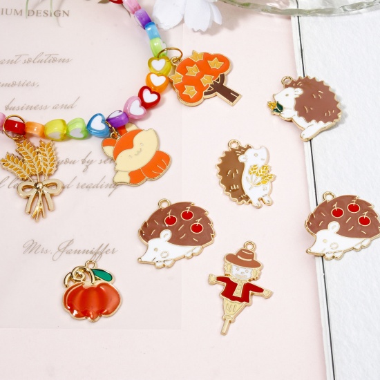 Picture of Zinc Based Alloy Charms Gold Plated Autumn Fall Style Hedgehog Halloween Pumpkin Enamel