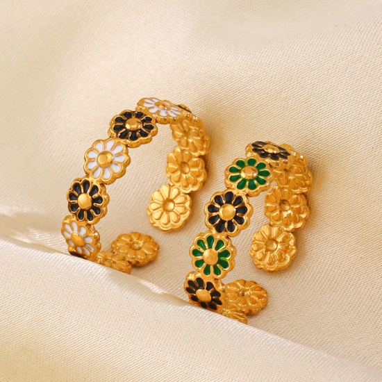 Immagine di 1 Pz Placcatura Sottovuoto Pastorale Naturale Retrò Placcato Oro 18K Multicolore 304 Acciaio Inossidabile Aperto Fiore Margherita Smalto Anello Per Donne Festa