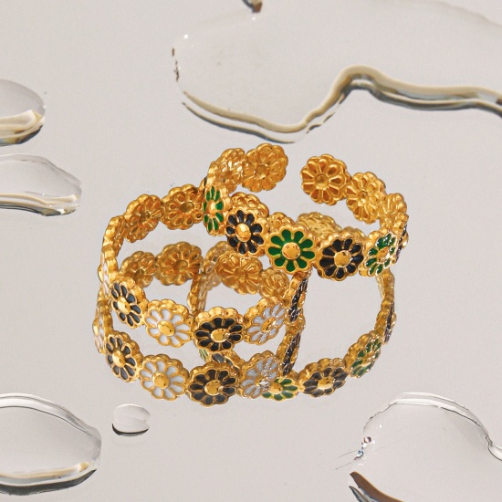 Immagine di 1 Pz Placcatura Sottovuoto Pastorale Naturale Retrò Placcato Oro 18K Multicolore 304 Acciaio Inossidabile Aperto Fiore Margherita Smalto Anello Per Donne Festa