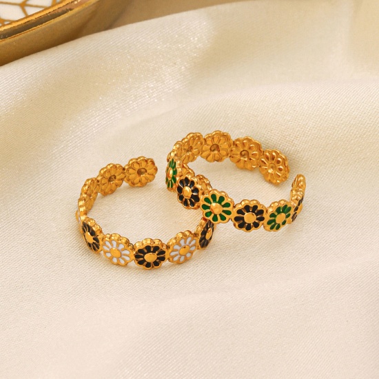 Immagine di 1 Pz Placcatura Sottovuoto Pastorale Naturale Retrò Placcato Oro 18K Multicolore 304 Acciaio Inossidabile Aperto Fiore Margherita Smalto Anello Per Donne Festa