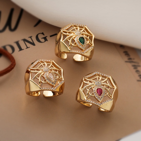 Изображение 1 ШТ Гипоаллергенный Стильный Ретро 18K позолоченный Латунь+ Искусственный Циркон Открытый Хэллоуин Паук ПаутинаХэллоуина ажурная резьба Кольца Для женщин Партия