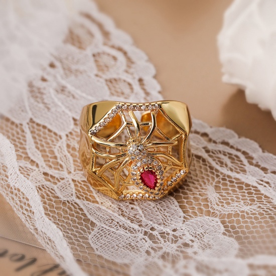 Изображение 1 ШТ Гипоаллергенный Стильный Ретро 18K позолоченный Латунь+ Искусственный Циркон Открытый Хэллоуин Паук ПаутинаХэллоуина ажурная резьба Кольца Для женщин Партия
