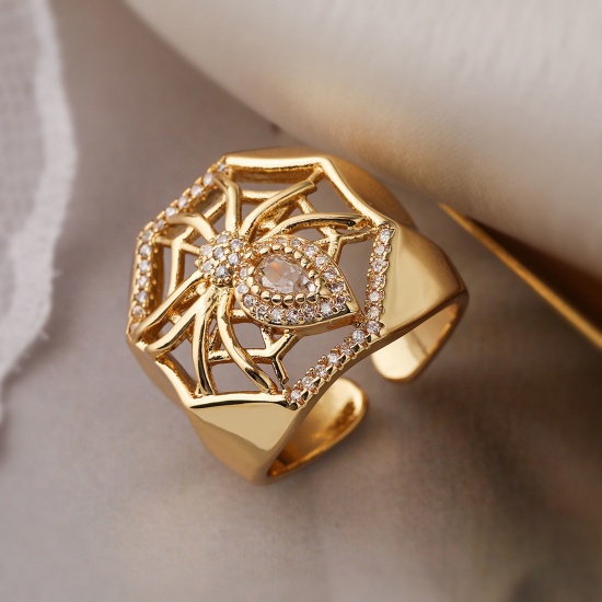 Изображение 1 ШТ Гипоаллергенный Стильный Ретро 18K позолоченный Латунь+ Искусственный Циркон Открытый Хэллоуин Паук ПаутинаХэллоуина ажурная резьба Кольца Для женщин Партия