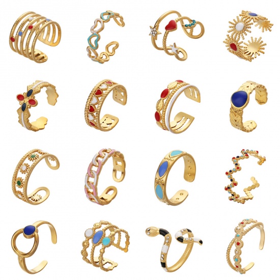 Picture of Vacuum Plating 304 Stainless Steel Ins Style Open Adjustable Rings Gold Plated Multicolor Sun Enamel