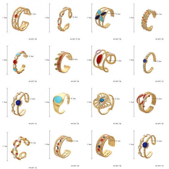 Picture of Vacuum Plating 304 Stainless Steel Ins Style Open Adjustable Rings Gold Plated Multicolor Sun Enamel