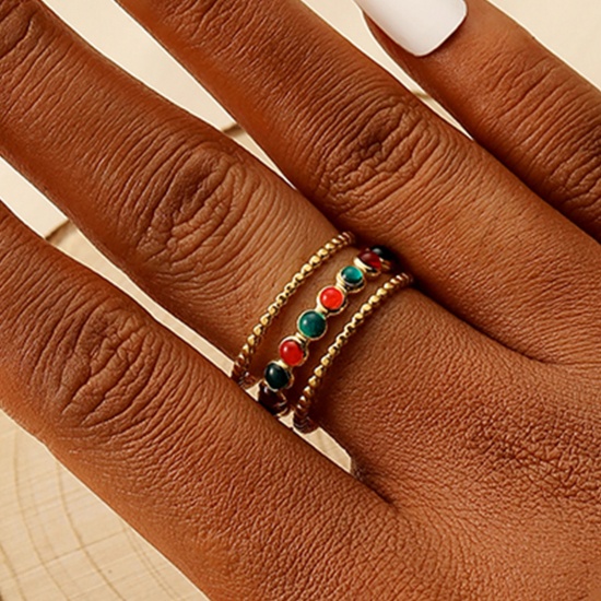 Picture of Vacuum Plating 304 Stainless Steel Ins Style Open Adjustable Rings Gold Plated Multicolor Sun Enamel