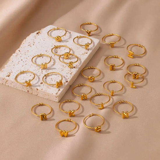 Imagen de 1 Unidad Enchapado al Vacío Sencillo & Casual Sencillo Chapado en Oro de 18K 304 Acero Inoxidable Abierto Ajustable Trenzado Mensaje " A-Z " Anillos Para Mujeres Día de la Madre