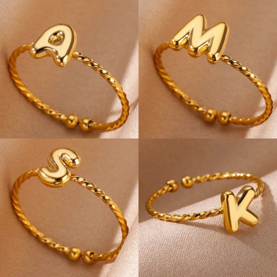 Imagen de 1 Unidad Enchapado al Vacío Sencillo & Casual Sencillo Chapado en Oro de 18K 304 Acero Inoxidable Abierto Ajustable Trenzado Mensaje " A-Z " Anillos Para Mujeres Día de la Madre