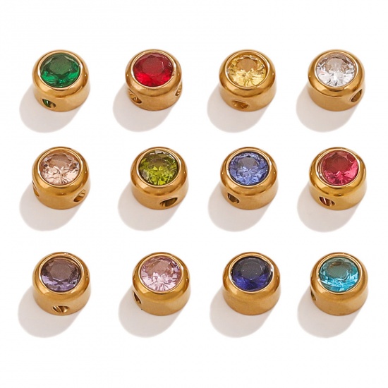 Immagine di 5 PCs Vacuum Plating 304 Stainless Steel Birthstone Charms 18K Gold Plated Round 6mm Dia.