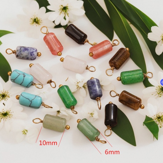 Picture of 304 Stainless Steel & Gemstone Charms 18K Gold Plated Cylinder 17mm x 6mm