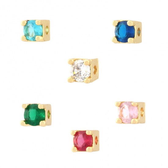 Picture of Brass Birthstone Beads For DIY Jewelry Making 18K Gold Plated Square Faceted Multicolour Cubic Zirconia