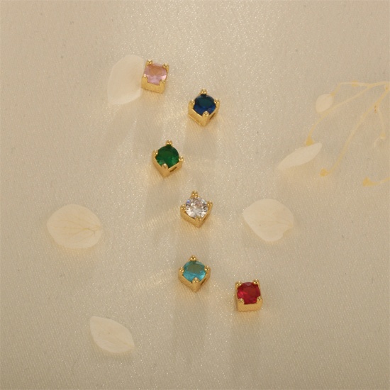 Picture of Brass Birthstone Beads For DIY Jewelry Making 18K Gold Plated Square Faceted Multicolour Cubic Zirconia