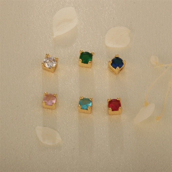 Picture of Brass Birthstone Beads For DIY Jewelry Making 18K Gold Plated Square Faceted Multicolour Cubic Zirconia