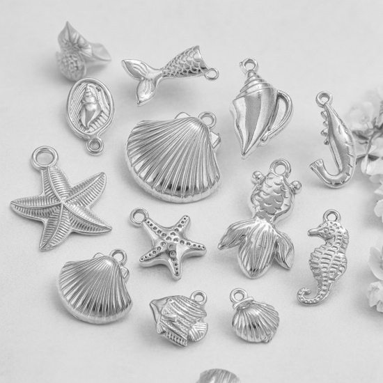 Image de 2 Pcs Breloques en 304 Acier Inoxydable Bijoux d'Océan Coquille Argent Mat