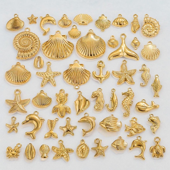 Picture of Vacuum Plating 304 Stainless Steel Ocean Jewelry Charms 18K Gold Plated Conch/ Sea Snail Star Fish