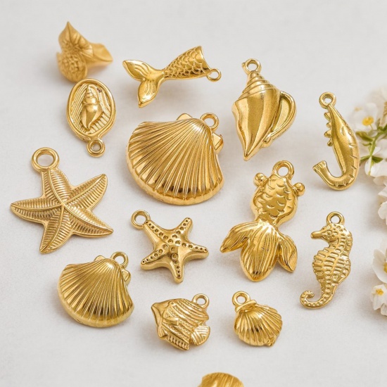 Picture of Vacuum Plating 304 Stainless Steel Ocean Jewelry Charms 18K Gold Plated Conch/ Sea Snail Star Fish