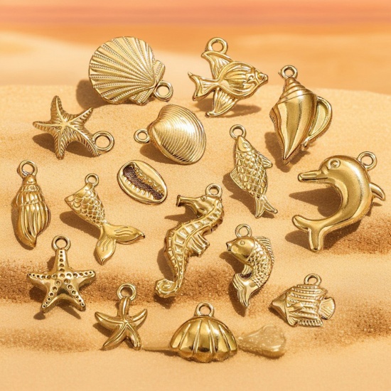 Picture of Vacuum Plating 304 Stainless Steel Ocean Jewelry Charms 18K Gold Plated Conch/ Sea Snail Star Fish