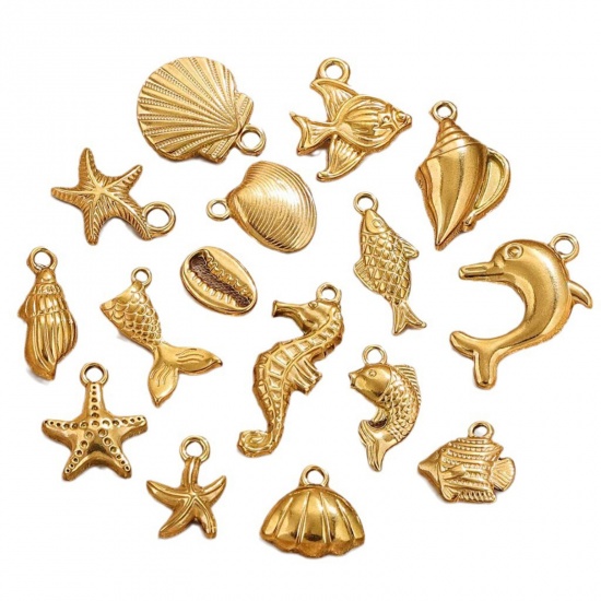 Picture of Vacuum Plating 304 Stainless Steel Ocean Jewelry Charms 18K Gold Plated Conch/ Sea Snail Star Fish