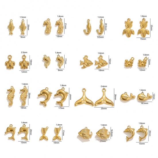 Picture of Vacuum Plating 304 Stainless Steel Ocean Jewelry Charms 18K Gold Plated Seahorse Animal Dolphin