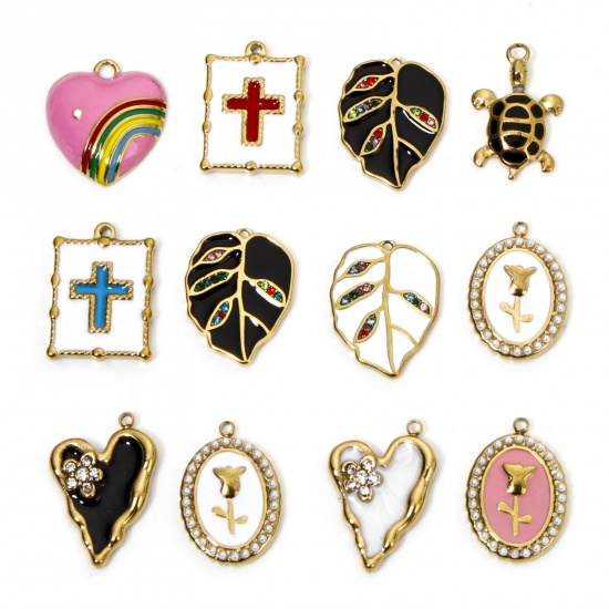 Picture of Vacuum Plating 304 Stainless Steel Elegant Charms Gold Plated Multicolor Oval Rose Flower Enamel