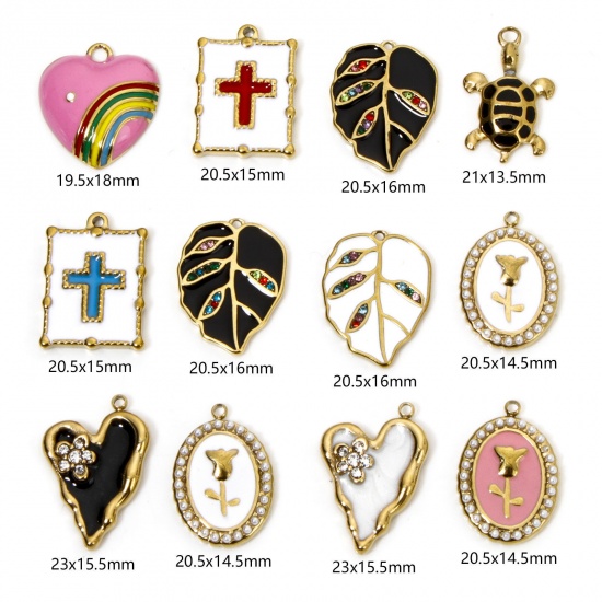 Picture of Vacuum Plating 304 Stainless Steel Elegant Charms Gold Plated Multicolor Oval Rose Flower Enamel