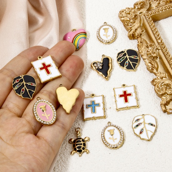 Picture of Vacuum Plating 304 Stainless Steel Elegant Charms Gold Plated Multicolor Oval Rose Flower Enamel