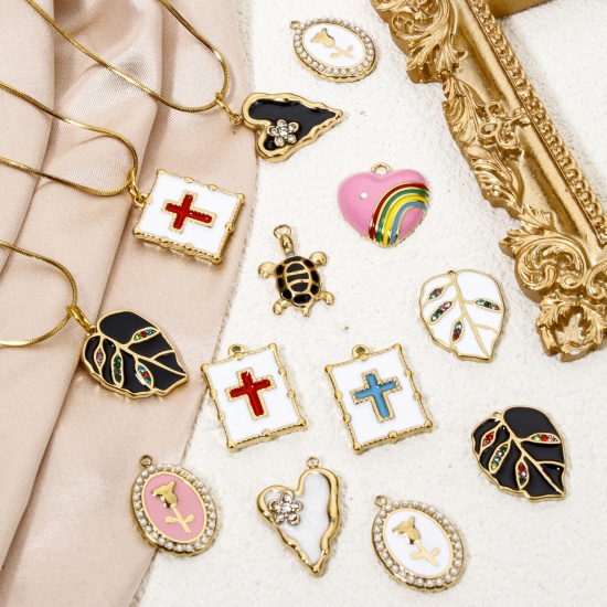 Picture of Vacuum Plating 304 Stainless Steel Elegant Charms Gold Plated Multicolor Oval Rose Flower Enamel