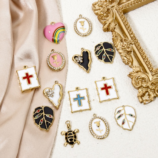 Picture of Vacuum Plating 304 Stainless Steel Elegant Charms Gold Plated Multicolor Oval Rose Flower Enamel