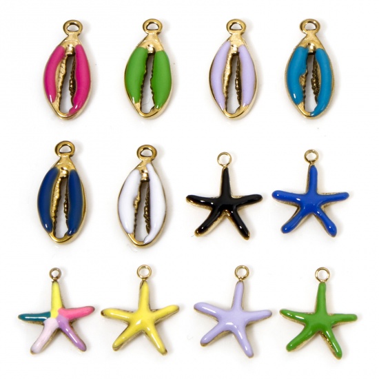 Image de 2 Pcs Breloques en 304 Acier Inoxydable Placage sous Vide Bijoux d'Océan Coquille Doré Multicolore Etoile de Mer Émail