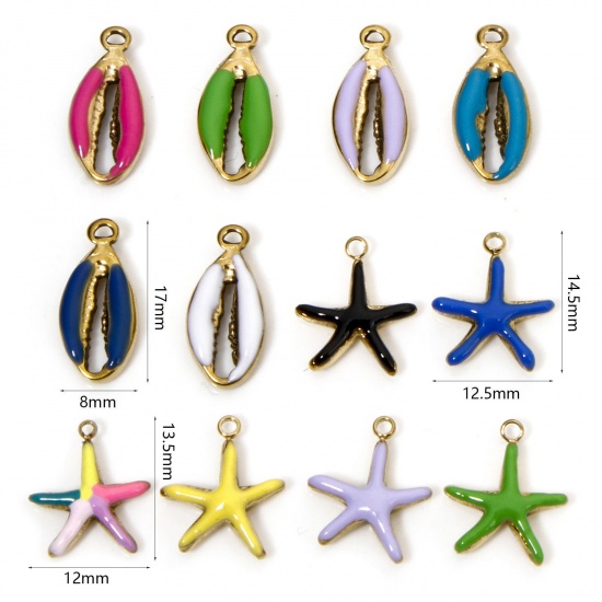 Image de 2 Pcs Breloques en 304 Acier Inoxydable Placage sous Vide Bijoux d'Océan Coquille Doré Multicolore Etoile de Mer Émail